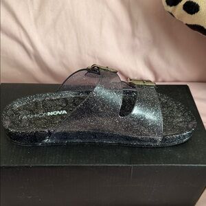 Fashion Nova Glitter Slide Sandals - Black
